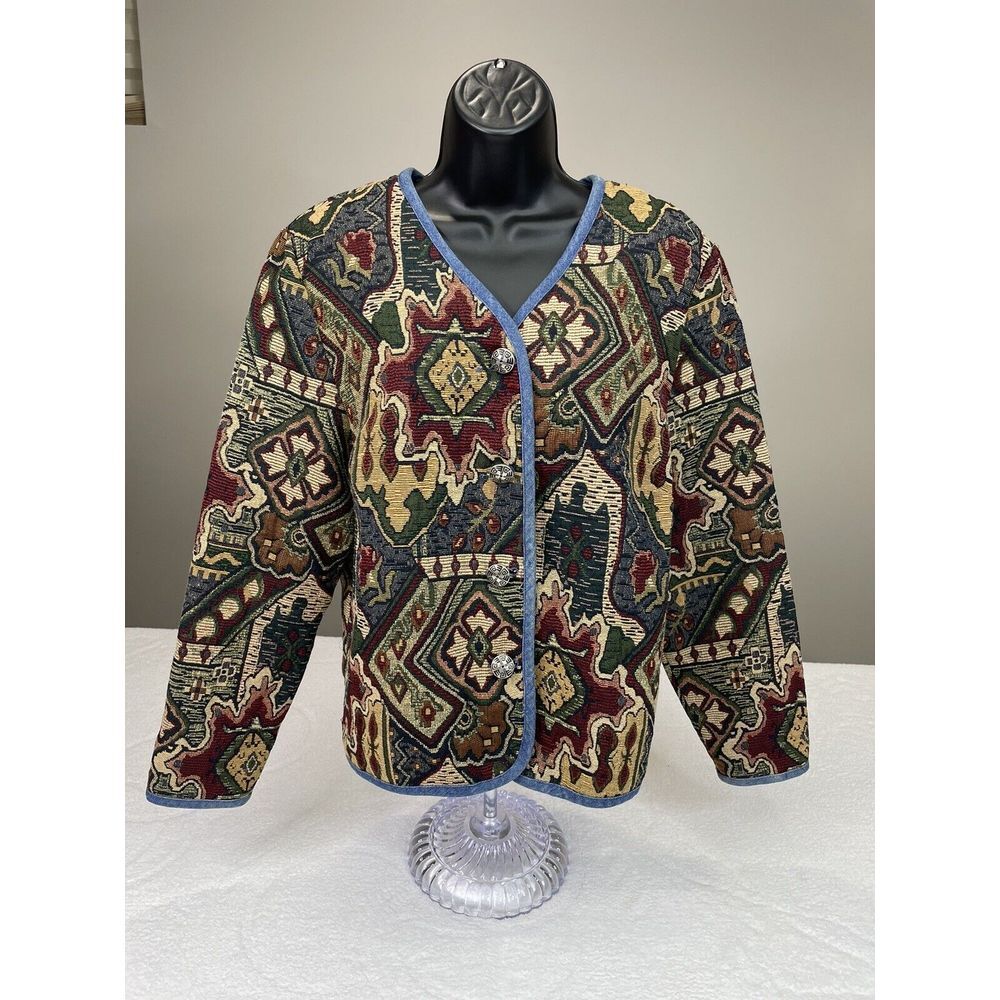 Stonebridge Women Tapestry Demask Silver Button Beige Green Beige Aztec Jacket L